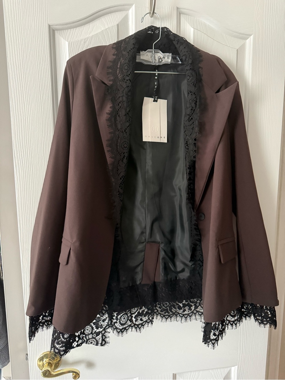 Brown Black Lace-Trim Blazer Jacket - Haveone